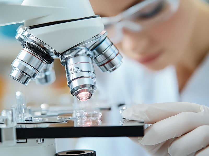 Laboratory assistant examines a sample with a microscope